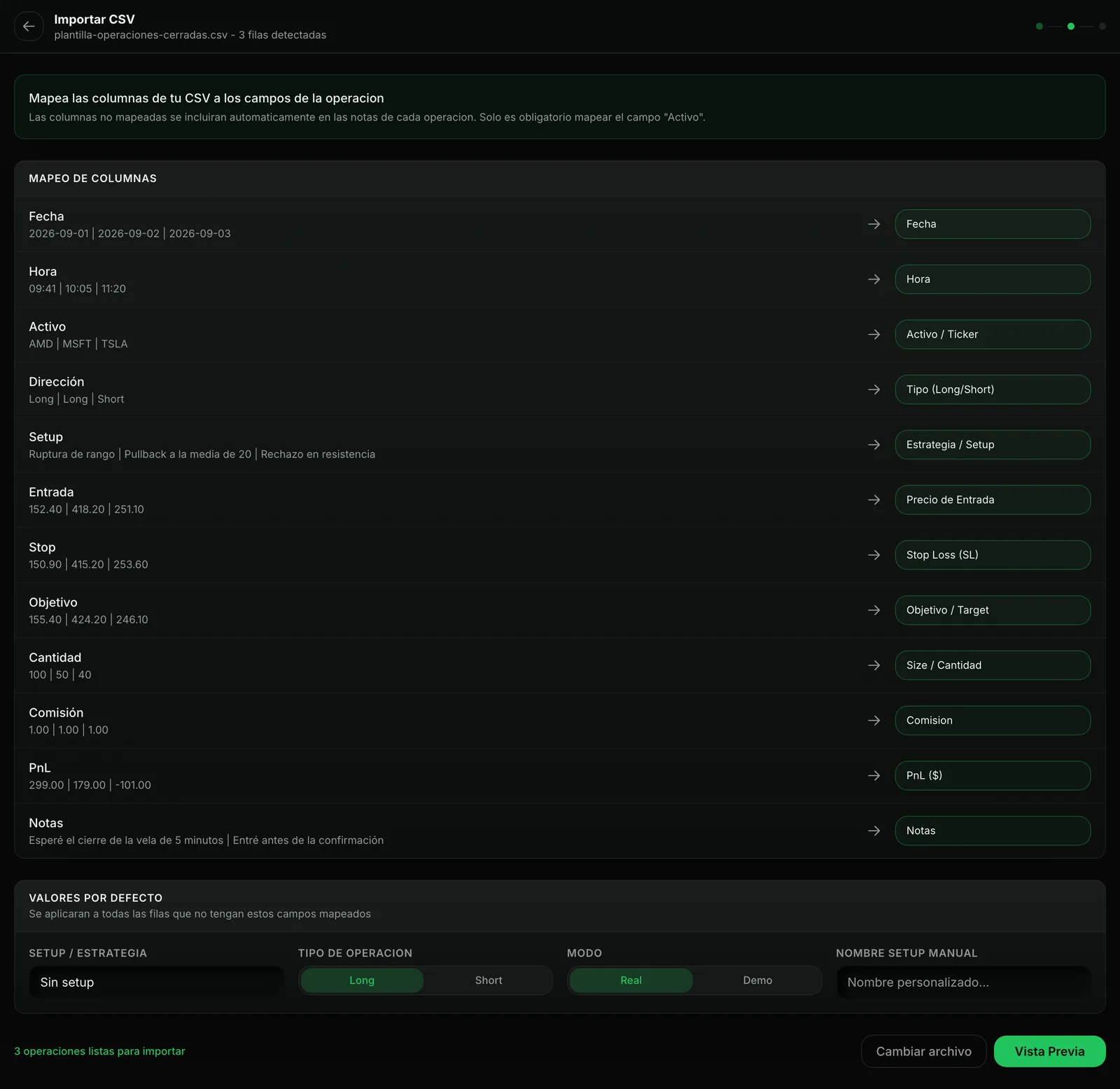 Paso de mapeo del importador: cada columna del archivo (Fecha, Hora, Activo, Dirección, Setup, Entrada, Stop, Objetivo, Cantidad, Comisión, PnL y Notas) con sus valores de ejemplo y el campo de la app al que va.