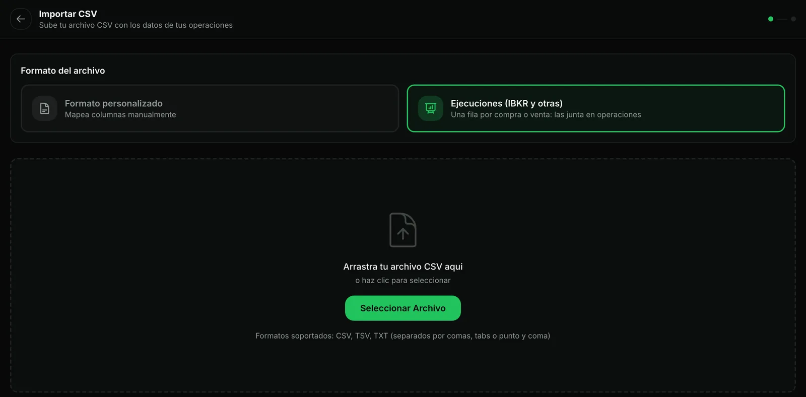 Pantalla Importar CSV de The Trader Journal con la opción Ejecuciones (IBKR y otras) marcada y una zona para arrastrar el archivo.