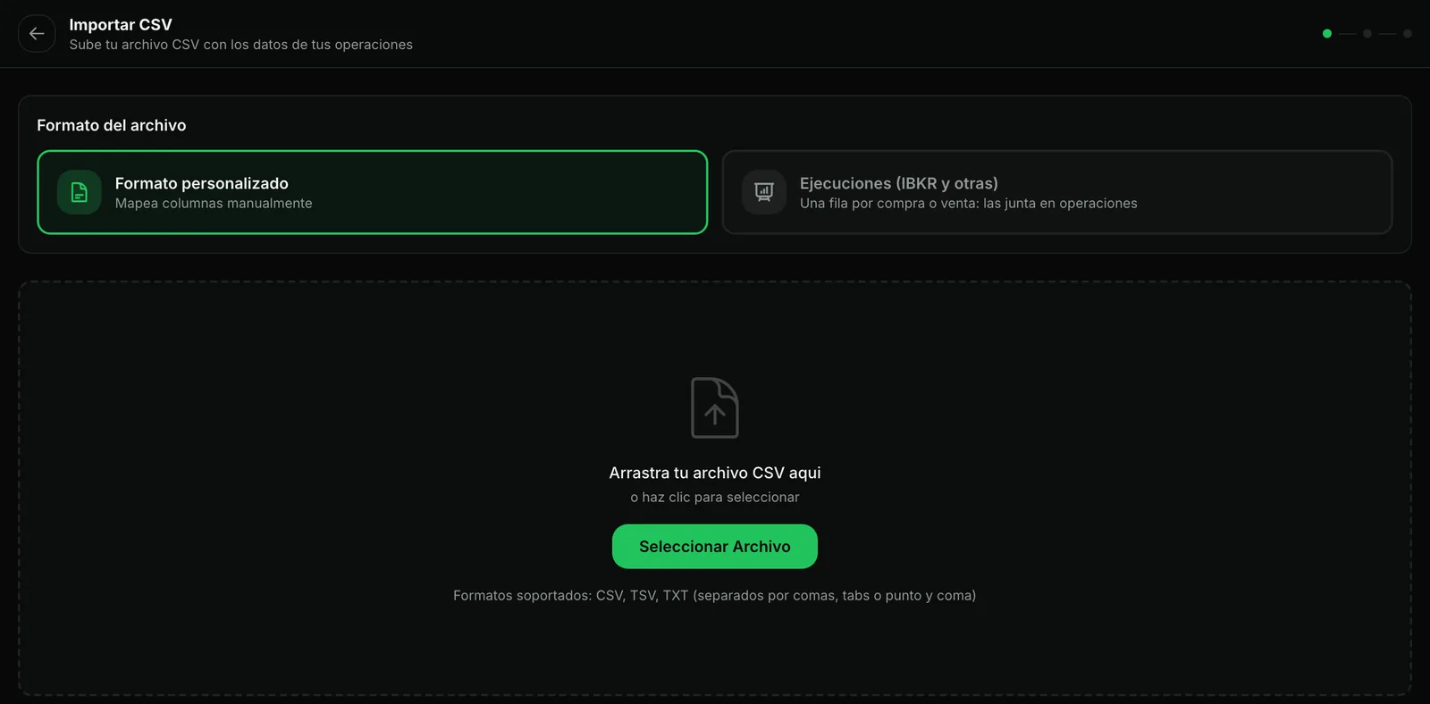 Pantalla Importar CSV de The Trader Journal con dos opciones: Formato personalizado y Ejecuciones (IBKR y otras), y una zona para arrastrar el archivo.